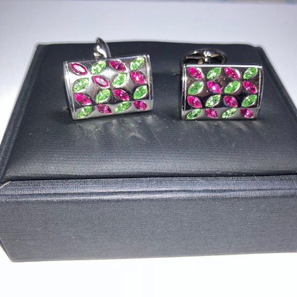 New Peridot and Fuchsia Crystal and Silver Tone Cufflinks with Cufflink Case - Picture 1 of 9